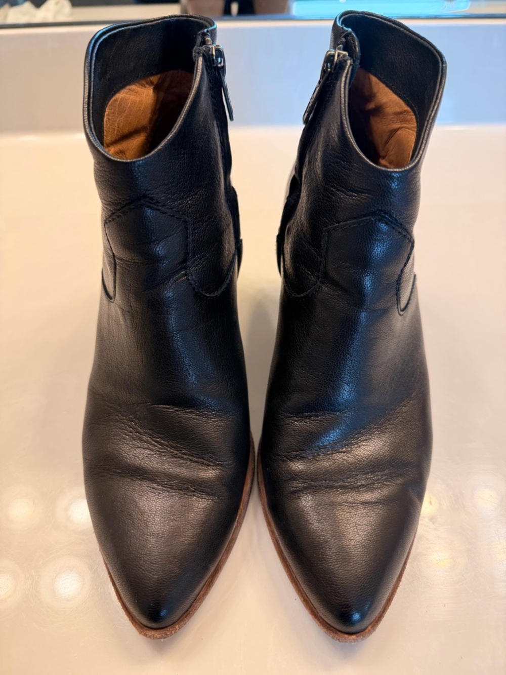 Frye Black Leather Pointed Ankle Booties with Side Zips and Western Stitching